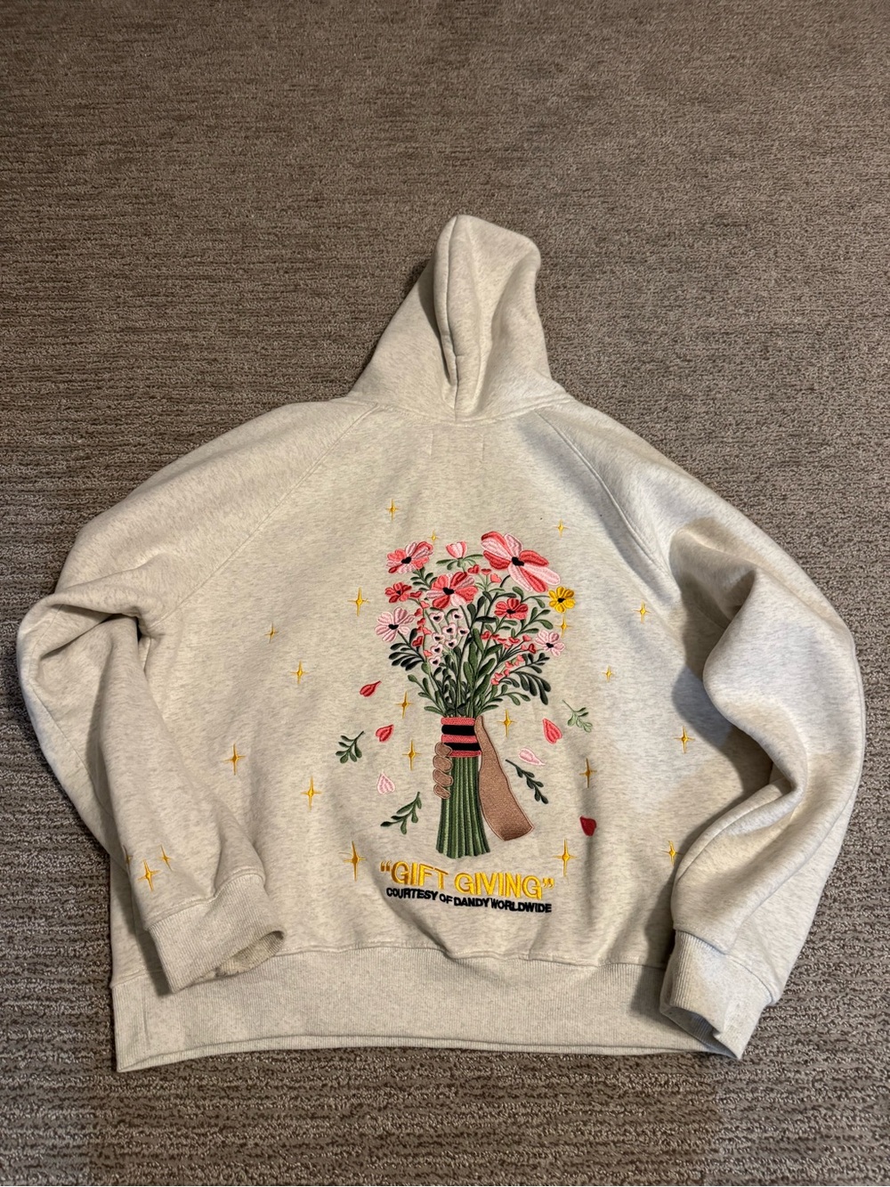 Dandy Gray Floral Bouquet Embroidered Hoodie Sweater M